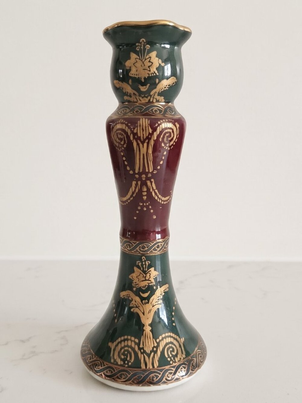 Vintage Andrea by Sadek Ceramic Candlestick Holder Green Burgundy Gold 10"